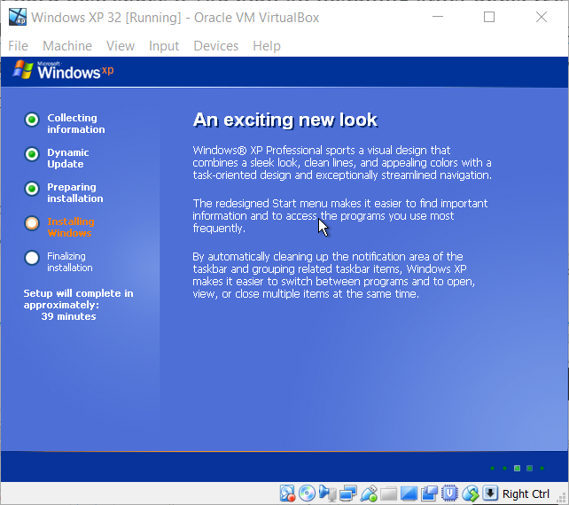 Running Windows XP in VirtualBox