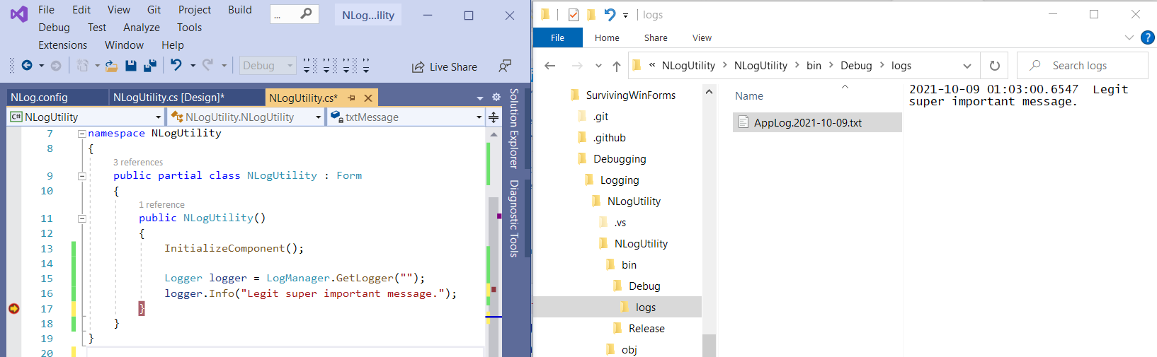 How to log errors in WinForms using NLog