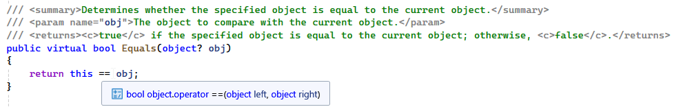 Default equality comparison implementation in the Object class